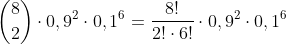\binom{8}{2} \cdot 0,9^{2}\cdot 0,1^{6} = \frac{8!}{2!\cdot 6!}\cdot 0,9^{2}\cdot 0,1^{6}